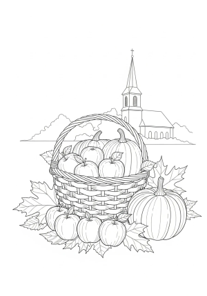 A cozy harvest scene featuring a basket of apples and pumpkins surrounded by autumn leaves, with a peaceful church steeple in the background