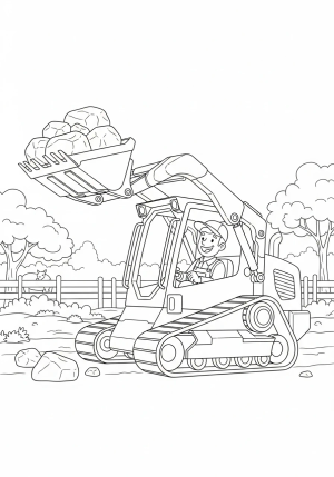 A playful scene featuring a skid loader with a smiling operator inside, lifting a load of rocks in a farm or zoo setting.