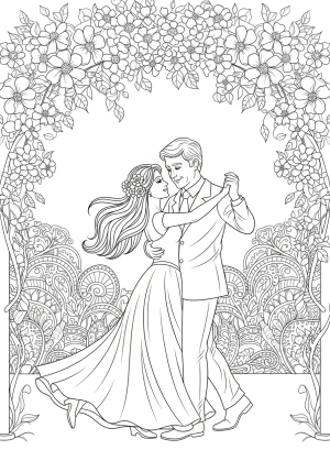 A romantic scene of a couple dancing under a canopy of flowers with intricate decorative patterns in the background