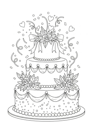 A detailed illustration of a vintage wedding cake adorned with flowers and elegant ribbons, surrounded by confetti and celebration motifs