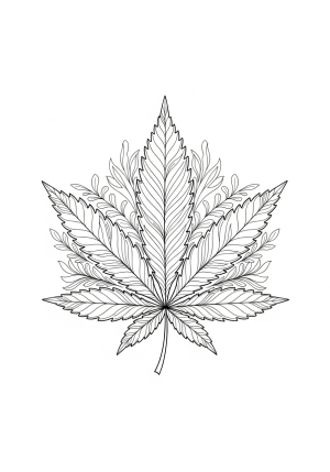 An artistic depiction of a marijuana leaf with delicate line work, complemented by botanical patterns and ornamental designs