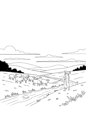 A peaceful green landscape featuring a gentle stream flowing through rolling hills with a shepherd guiding sheep under a calming sky, embodying divine guidance and care