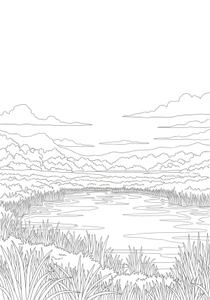 A serene depiction of lush pastures and still waters surrounded by lush foliage and a calm, open sky, symbolizing restoration and peace in nature