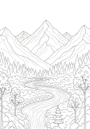 A peaceful scene of a majestic mountain landscape with a serene river flowing through lush trees, evoking a sense of divine creation and tranquility
