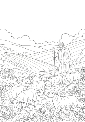 An intricate depiction of a Shepherd tending to a flock of sheep amidst rolling hills and blooming wildflowers, symbolizing guidance and care