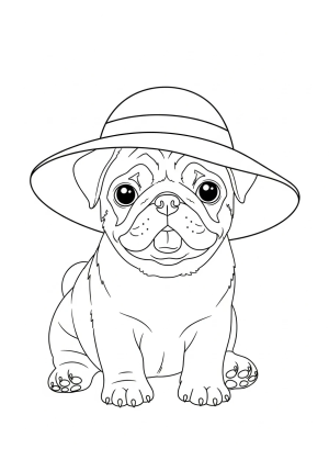 A cute pug puppy sitting with a big floppy hat and a playful expression.