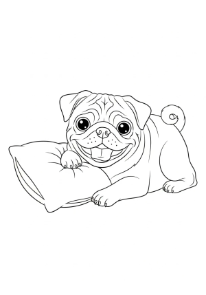 A happy pug lying on a cozy pillow with a cheerful smile and expressive eyes.