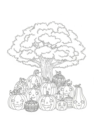 A whimsical pumpkin patch filled with various sizes of pumpkins, some with sweet faces and others with intricate patterns, under a large, leafy tree