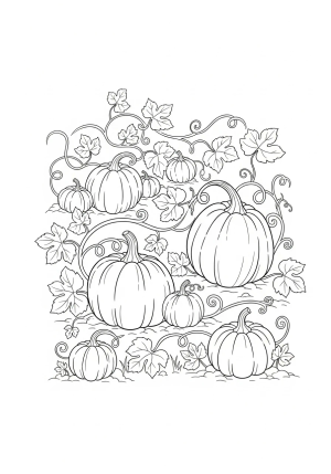 A whimsical pumpkin patch with various sizes of pumpkins nestled among winding vines and leaves, ready to be drawn as a coloring page
