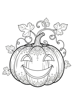 A detailed illustration of a smiling pumpkin with a curly vine and decorative patterns surrounding it, perfect for a coloring page
