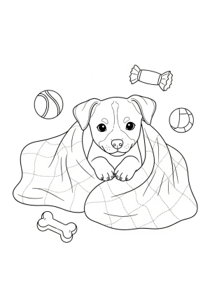 A adorable puppy sitting happily inside a cozy blanket with a few toys scattered around