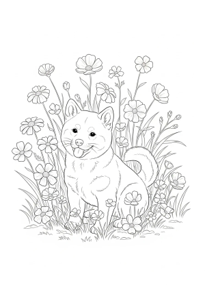 A playful puppy sitting in a field of flowers with a joyful expression