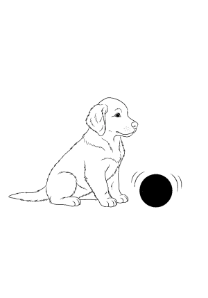 A puppy happily wagging its tail while sitting next to a ball in the grass