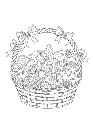 High-quality illustration of a traditional Purim mishloach manot gift basket filled with treats, wrapped with a decorative ribbon and bows