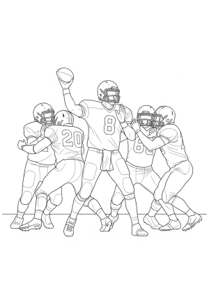 A dynamic scene of a quarterback throwing a football on the field with defenders in the background.