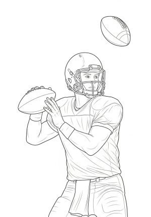 A detailed illustration of a quarterback preparing to pass, with a focus on his stance, helmet, and football in mid-air.