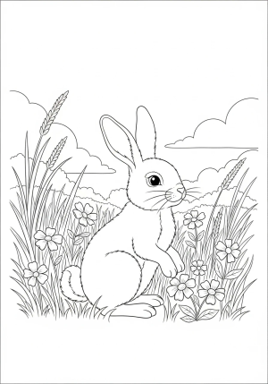A playful bunny sitting amidst a field of wildflowers with tall grass and a bright sky in the background.