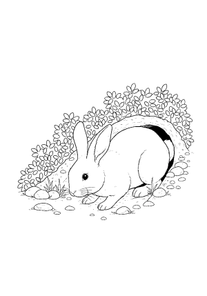 A curious rabbit exploring a cozy burrow entrance surrounded by small stones and leafy bushes.
