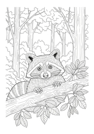 A curious raccoon peeking out from behind a tree branch with detailed leaves and a forest background.