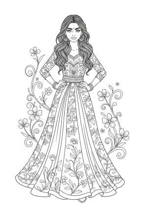 A detailed illustration of Ragatha wearing a stylish outfit, standing confidently with her hands on her hips, surrounded by whimsical floral patterns.