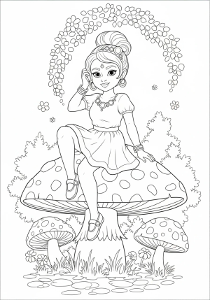 Ragatha in a playful pose with her signature accessories, sitting on a decorative mushroom in an enchanted garden setting.