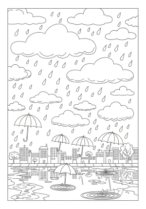 A whimsical scene of rain clouds with various sizes and shapes, raindrops falling onto a cityscape with umbrellas and reflections in the puddles.