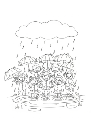 A cozy scene of children jumping into a large puddle with umbrellas and raincoats under a cloudy sky