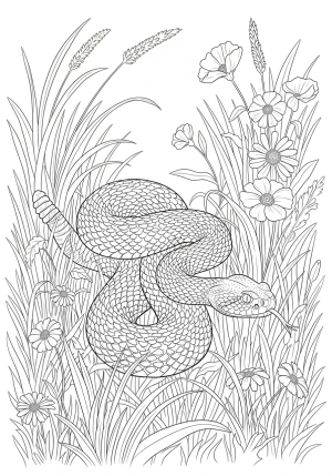 A realistic rattlesnake slithering through tall grasses and wildflowers in a natural outdoor setting, with intricate scales and patterns on its body.
