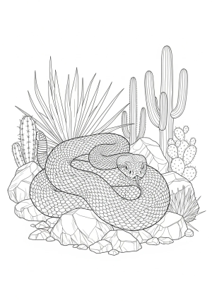 A detailed illustration of a rattlesnake coiled around desert rocks with its rattle prominently displayed, surrounded by cacti and desert plants.