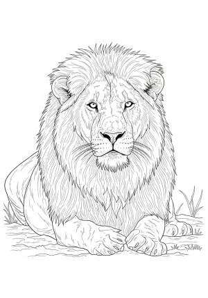 A detailed and realistic depiction of a majestic lion resting in its natural habitat, capturing its textured mane and intense gaze.