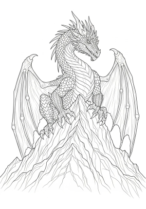 A highly detailed realistic dragon perched atop a mountain peak with scales that reflect the light and sharp claws gripping the rocky surface.
