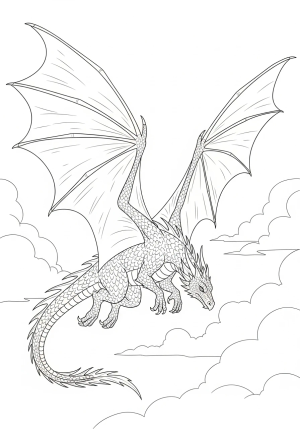 A majestic dragon with intricate feather-like scales soaring through a cloudy sky, its wings spread wide and eyes focused forward.