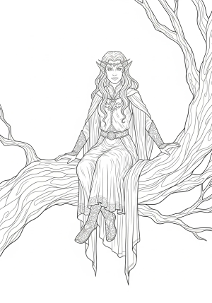 A lifelike elf with pointed ears and flowing hair, dressed in finely detailed garb, sitting gracefully on a twisted tree branch with a serene expression, surrounded by ornate foliage.