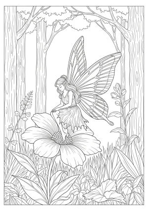 A detailed fairy sitting gracefully on a blooming flower, with exquisite wings spread wide and a gentle expression, set amidst a natural woodland scene