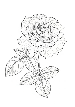 A detailed black and white illustration of a blooming rose with intricate petals and realistic leaves, capturing its natural beauty and texture