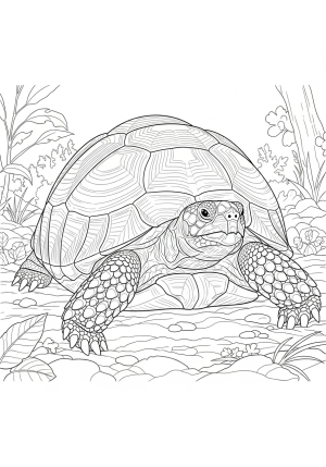 A close-up of a realistic tortoise resting on a forest floor, showing the detailed patterns on its shell, head, and limbs, surrounded by foliage and natural elements.