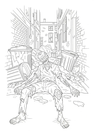 A highly detailed zombie half-buried in a decaying urban alleyway with tattered clothing and exposed bone fragments