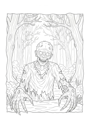 A realistic zombie reaching out with decayed hands in a spooky forest clearing, with hollow eyes and rotting features