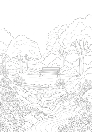 A peaceful garden scene with blooming flowers, gentle streams, and a calm bench surrounded by trees.