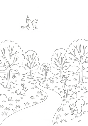 A whimsical nature scene with a soaring bird, winding path, and playful animals in a serene forest setting.