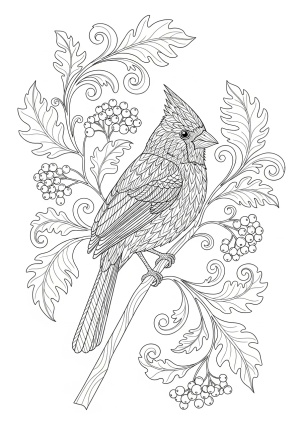 A detailed red cardinal perched on a delicate branch surrounded by intricate leaves and berries, set in a natural woodland scene