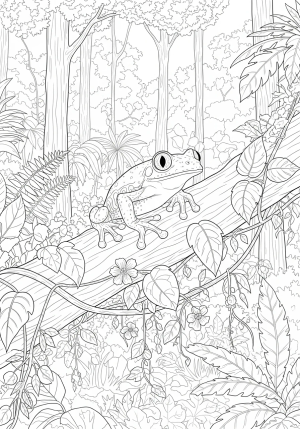 A detailed illustration of a red-eyed tree frog perched on a leafy branch with intricate jungle foliage in the background