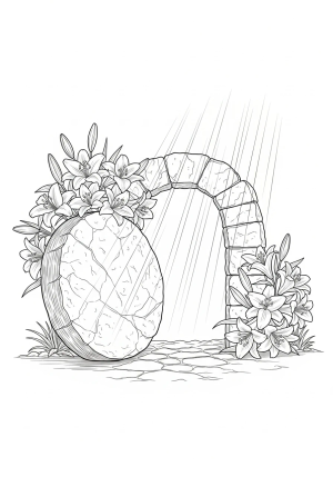 A detailed illustration of an empty tomb with a rolled-away stone, surrounded by blooming lilies and rays of light shining from above