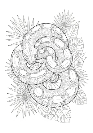 An intricate line drawing of a majestic and coiled boa constrictor surrounded by tropical foliage.