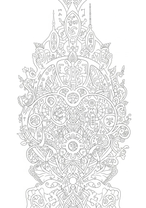 An intricate scene revealing a hidden message through emerging patterns and symbols in a mystical, detailed design