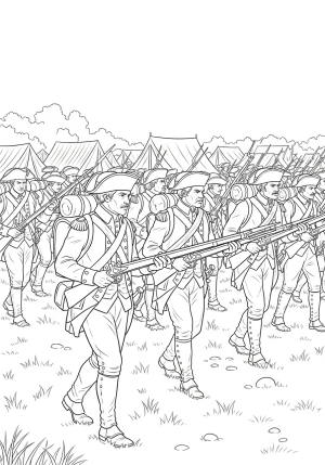 A detailed scene of Colonial soldiers in Continental Army uniforms marching through a battlefield with muskets raised and period tents in the background