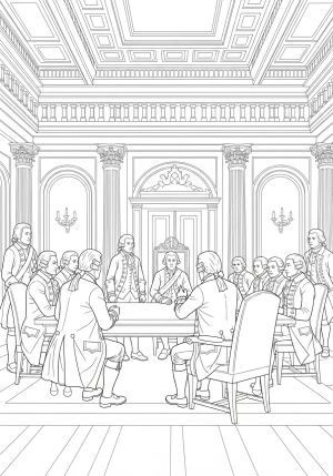 A lively depiction of a Revolutionary War negotiation scene with colonial delegates and British officers seated at a historic wooden table inside an ornate meeting hall