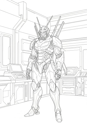A futuristic robot with sleek armor, numerous antennae, and intricate mechanical details standing in a high-tech laboratory