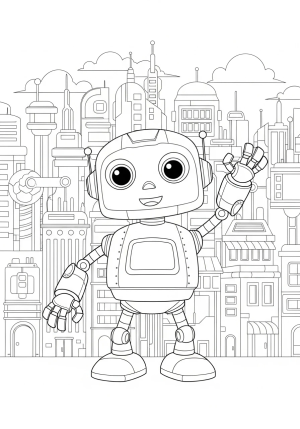 A friendly robot with a rounded body, big expressive eyes, and mechanical limbs waving cheerfully in a vibrant robotic cityscape
