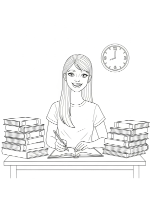 A confident student standing at a desk with a big smile, holding a pencil, surrounded by books and a clock on the wall.